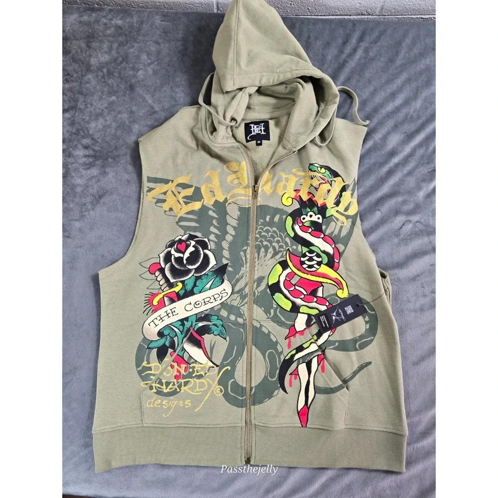 Ed Hardy Jacket Vest Mens Medium Full Zip Sleeveless‎ Dagger Tattoo Snake Hoodie